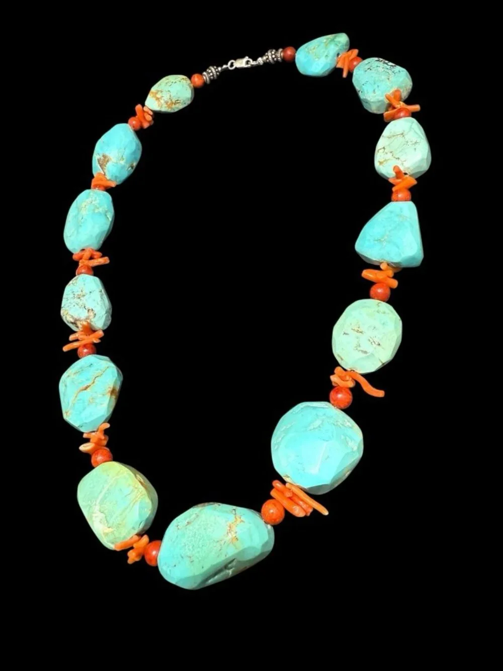 Vintage Turquoise Coral Bead Necklace Sterling Silver Clasp Statement
